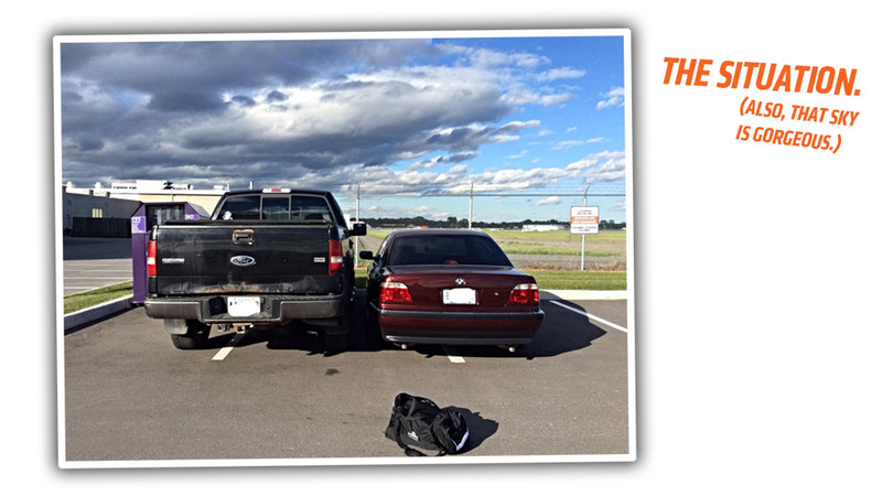 Illustration for article titled Ultimate-Level BMW Asshat Double Parks, Takes Bat To Pickup Truck